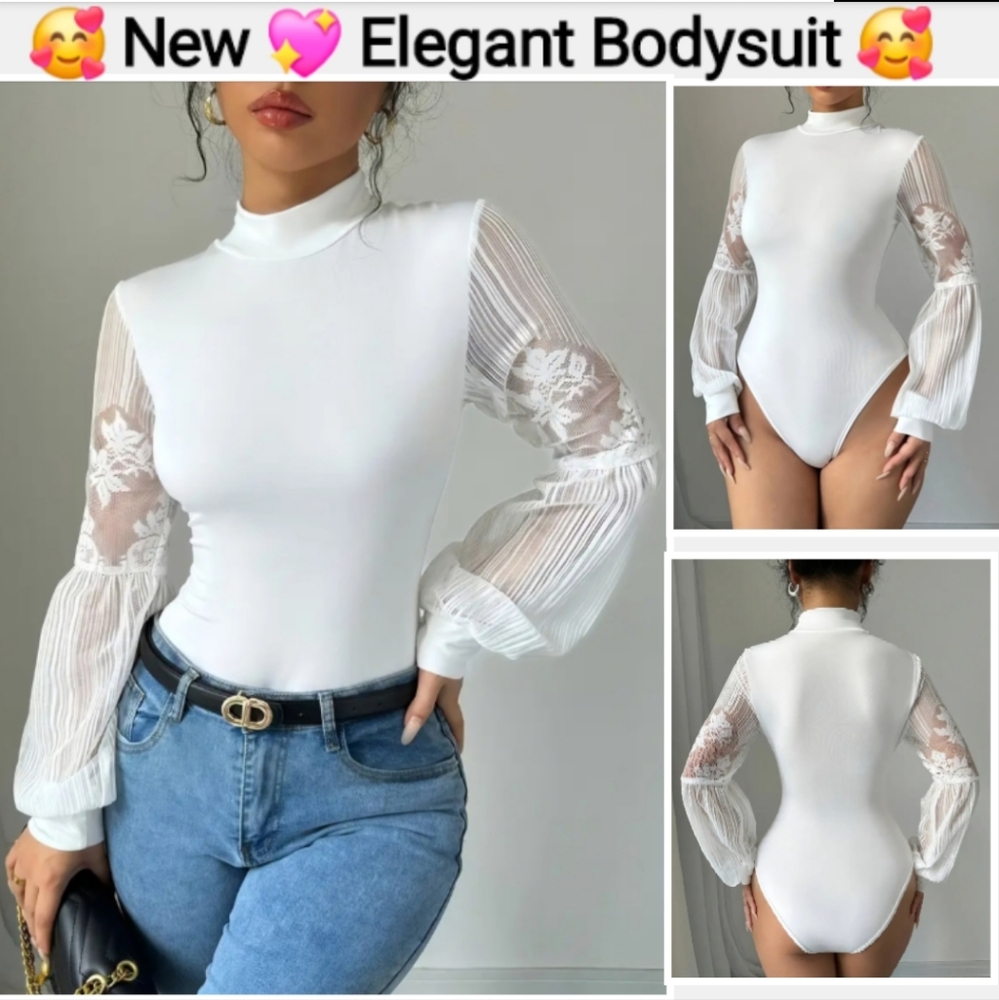 Vintage Elegant Lace-Panel Mock Neck Bodysuit - Long Sleeve, Stretchy, Size L
